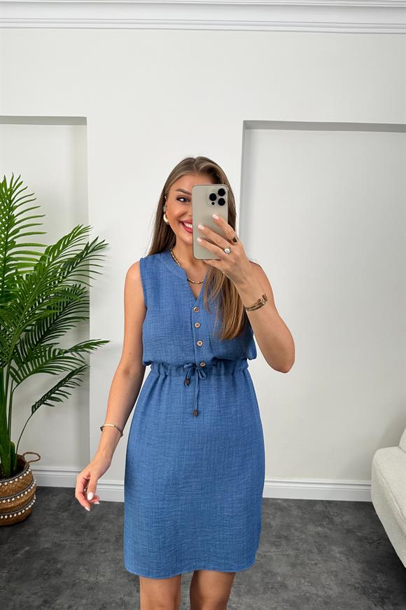 1. Sınıf Kalite Beli Lastikli Sıfır Kol Keten Elbise Yeni İndigo