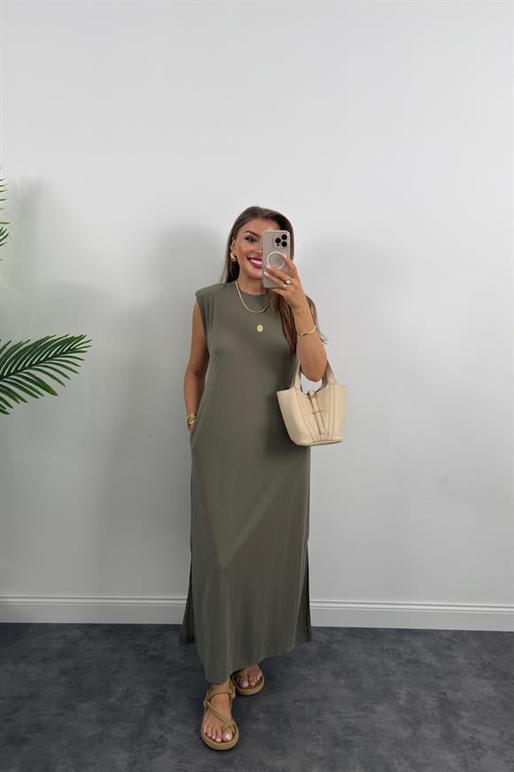 1. Sınıf Kalite Pike Modal Kumaş Vatkalı Yırtmaçlı Maxi Elbise Haki