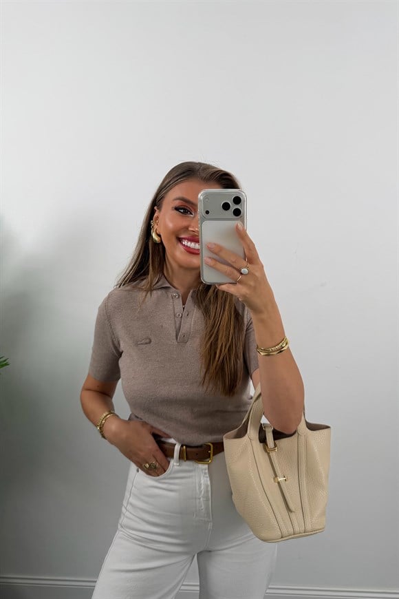 1. Sınıf Kalite Kaşmir Dokulu Polo Yaka Triko Vizon