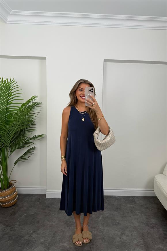 1. Sınıf Kalite İthal Modal Kumaş Midi Elbise Lacivert