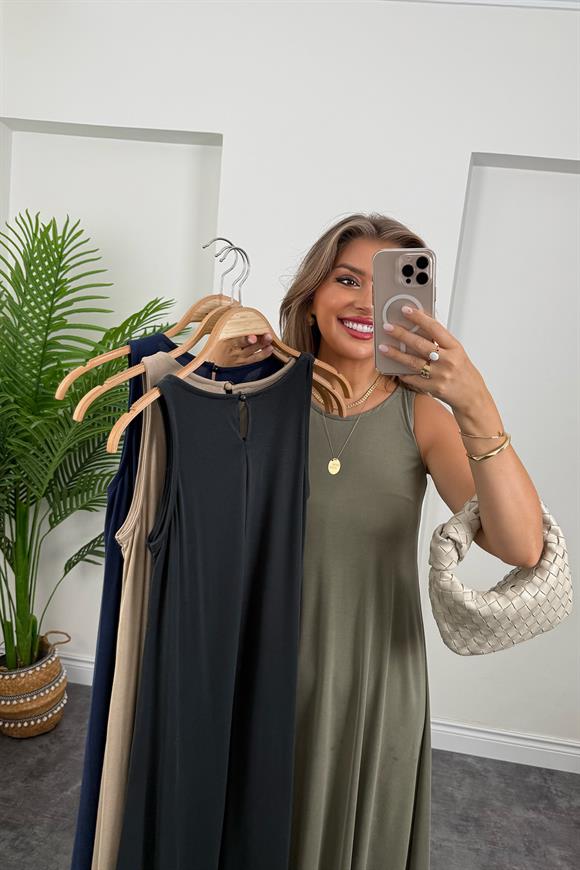 1. Sınıf Kalite İthal Modal Kumaş Midi Elbise Haki