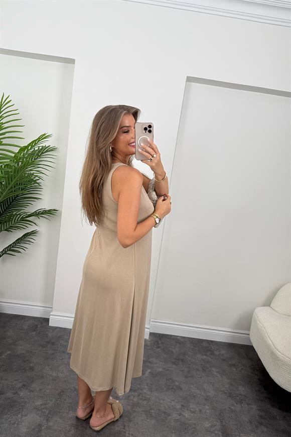 1. Sınıf Kalite İthal Modal Kumaş Midi Elbise Koyu Taş