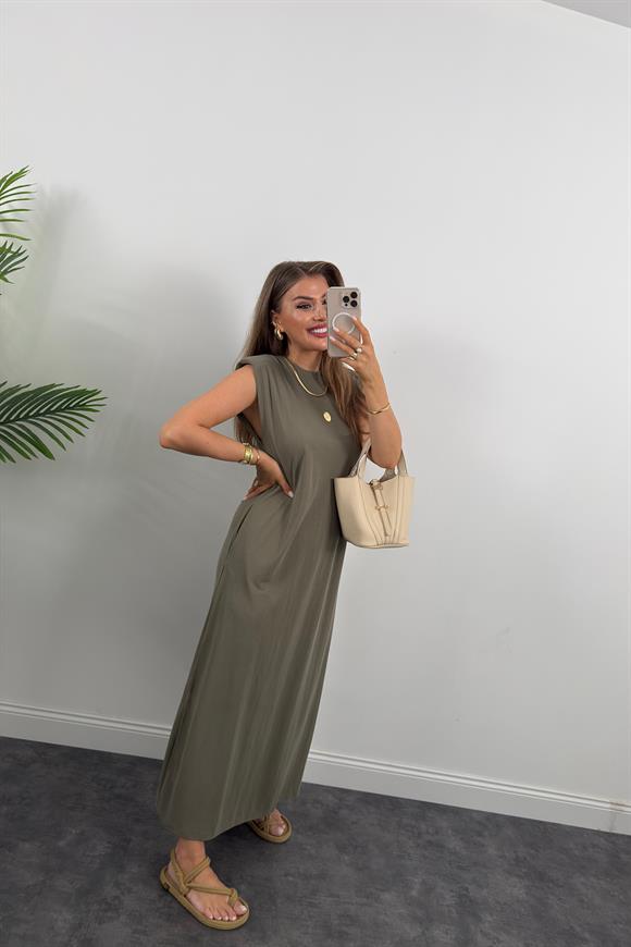 1. Sınıf Kalite Pike Modal Kumaş Vatkalı Yırtmaçlı Maxi Elbise Haki