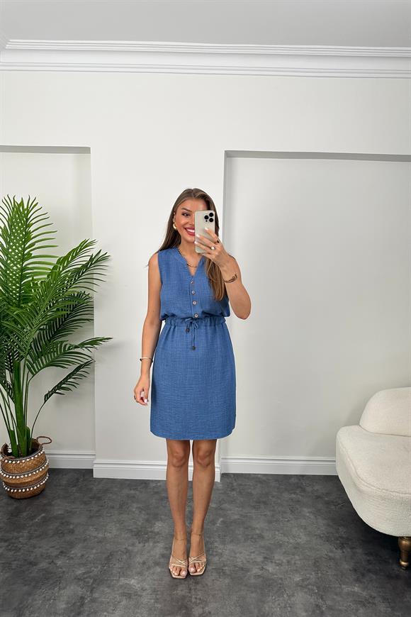 1. Sınıf Kalite Beli Lastikli Sıfır Kol Keten Elbise Yeni İndigo