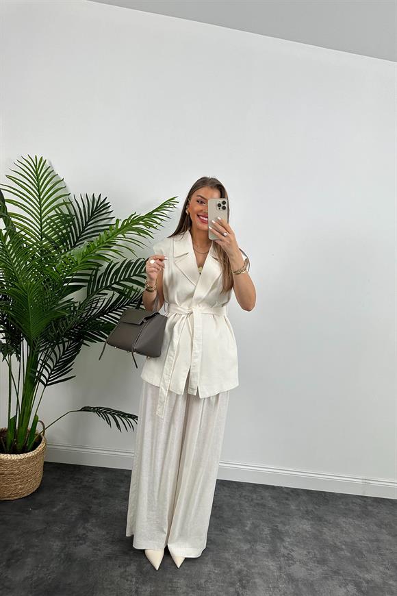 1. Sınıf Kalite Keten Kumaş Yelek Palazzo Pantolon Takım Ekru