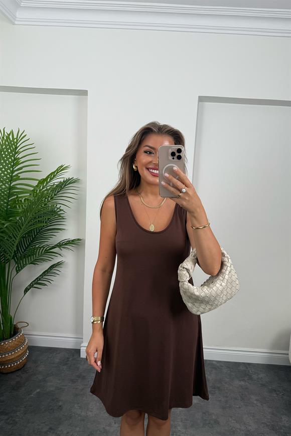 1. Sınıf Kalite Pike Modal Kumaş Sıfır Kol Basic Elbise Acı Kahve