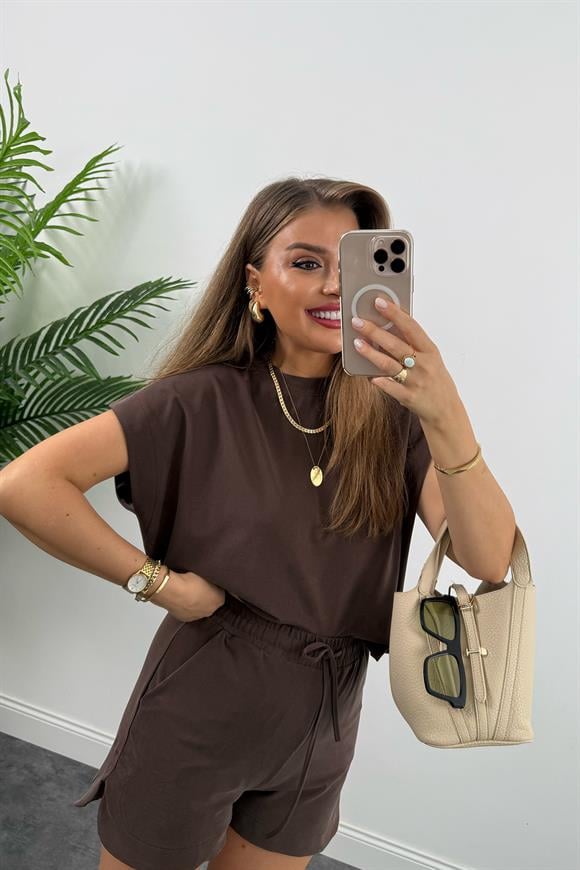 1. Sınıf Kalite İthal Pike Modal Kumaş Kısa Kollu Şort Takım Kahve