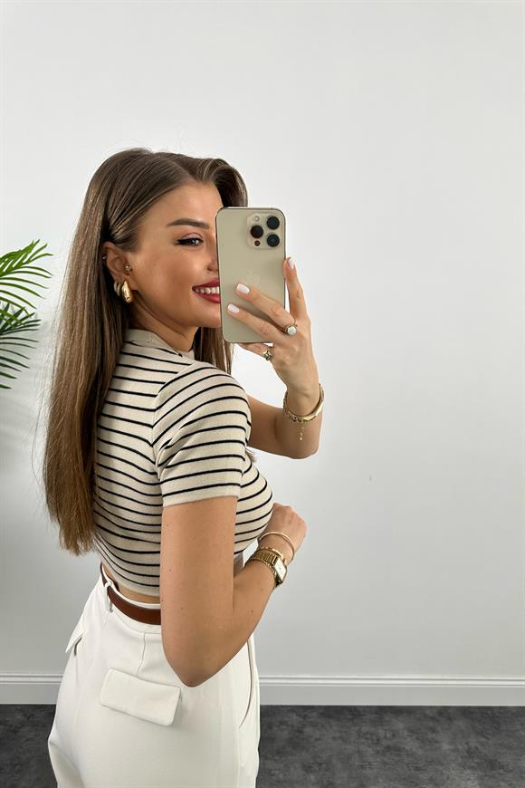 1. Sınıf Kalite  Massi Model Crop Boy Kısa Kol Marin İpek Merserize Krem