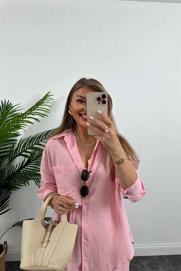 1. Sınıf Kalite Oysh Model %100 Keten Palazzo Gömlek Takım Pembe