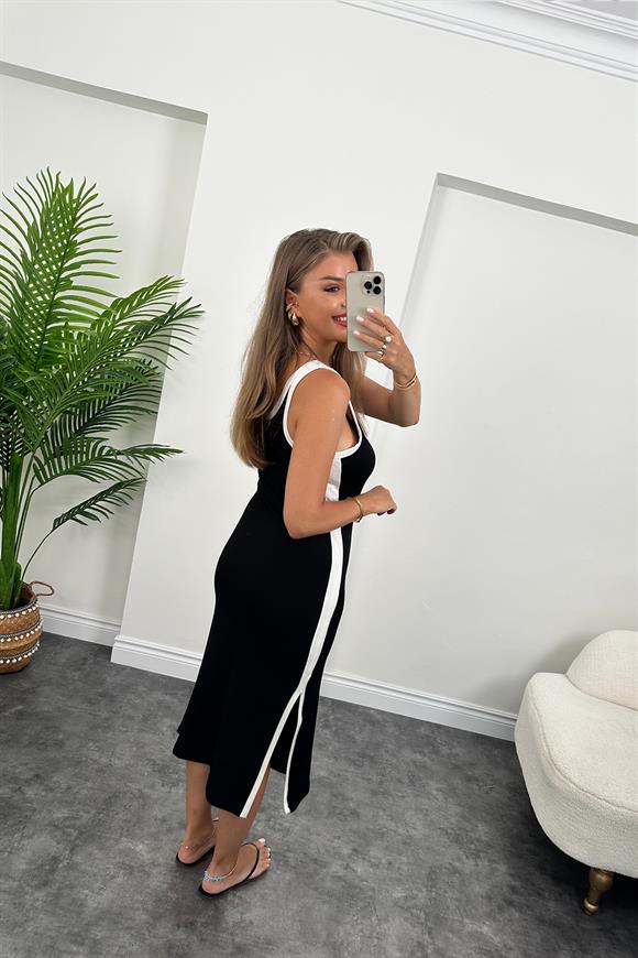 1. Sınıf Kalite Tok Modal Kumaş Şeritli Basic Elbise Siyah