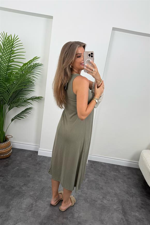 1. Sınıf Kalite İthal Modal Kumaş Midi Elbise Haki