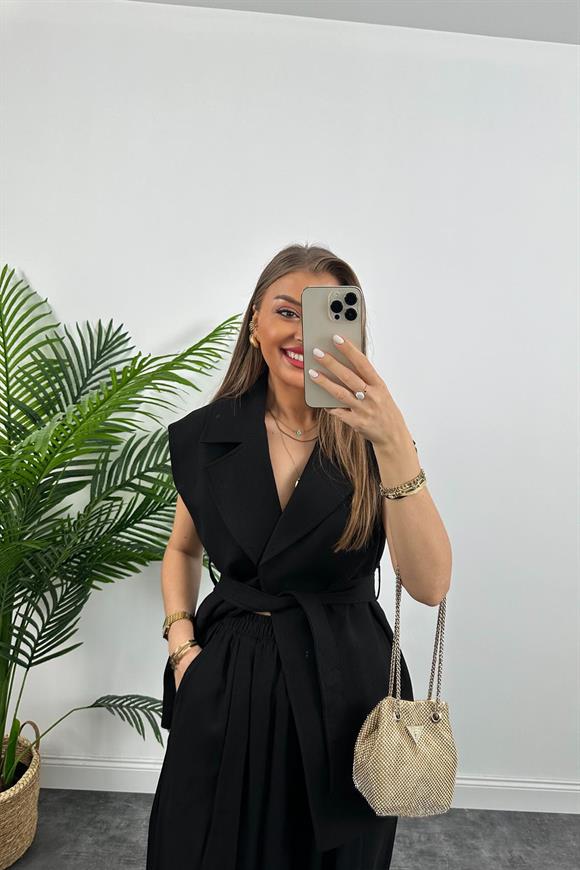 1. Sınıf Kalite Keten Kumaş Yelek Palazzo Pantolon Takım Siyah