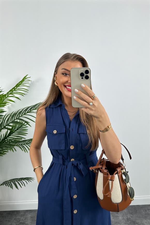 1. Sınıf Kalite Tok Keten Ahşap Düğmeli Midi Boy Elbise Lacivert