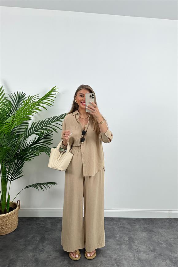 1. Sınıf Kalite Oysh Model %100 Keten Palazzo Gömlek Takım Bej