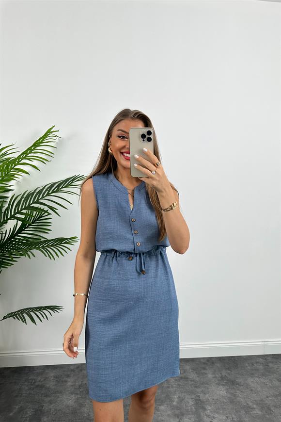 1. Sınıf Kalite Beli Lastikli Sıfır Kol Keten Elbise İndigo