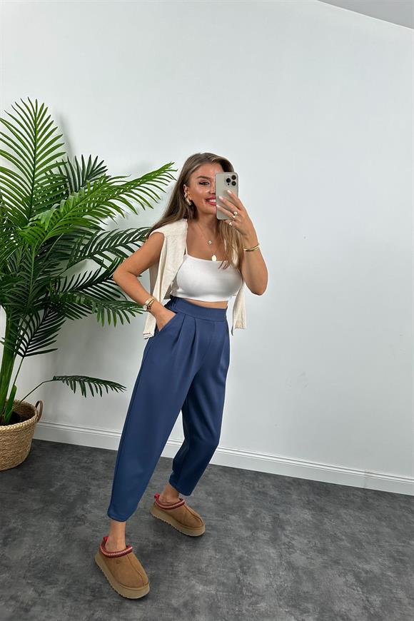 1. Sınıf Kalite Oysh Kumaş Beli Lastikli Harem Pantolon İndigo Mavi 