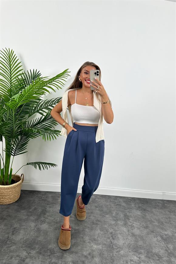 1. Sınıf Kalite Oysh Kumaş Beli Lastikli Harem Pantolon İndigo Mavi 