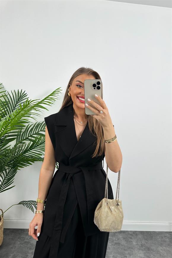 1. Sınıf Kalite Keten Kumaş Yelek Palazzo Pantolon Takım Siyah