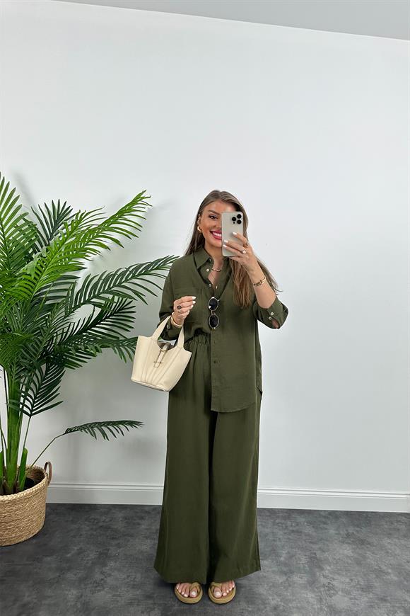 1. Sınıf Kalite Oysh Model %100 Keten Palazzo Gömlek Takım  Haki