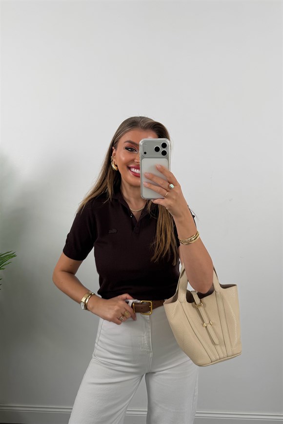 1. Sınıf Kalite Kaşmir Dokulu Polo Yaka Triko Kahverengi