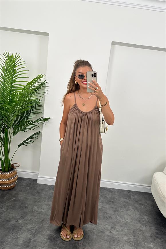 1. Sınıf Kalite İthal Oysh Kumaş Cepli Maxi Elbise Kahverengi