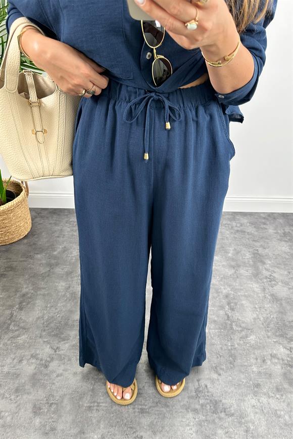 1. Sınıf Kalite Oysh Model %100 Keten Palazzo Gömlek Takım Lacivert 
