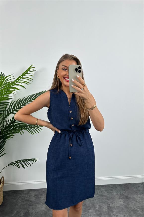 1. Sınıf Kalite Beli Lastikli Sıfır Kol Keten Elbise Lacivert