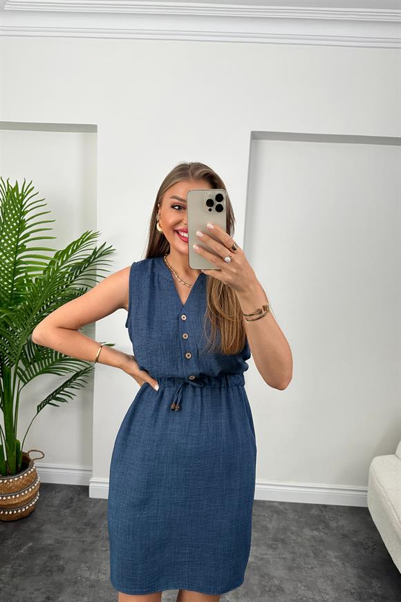 1. Sınıf Kalite Beli Lastikli Sıfır Kol Keten Elbise Yeni Lacivert