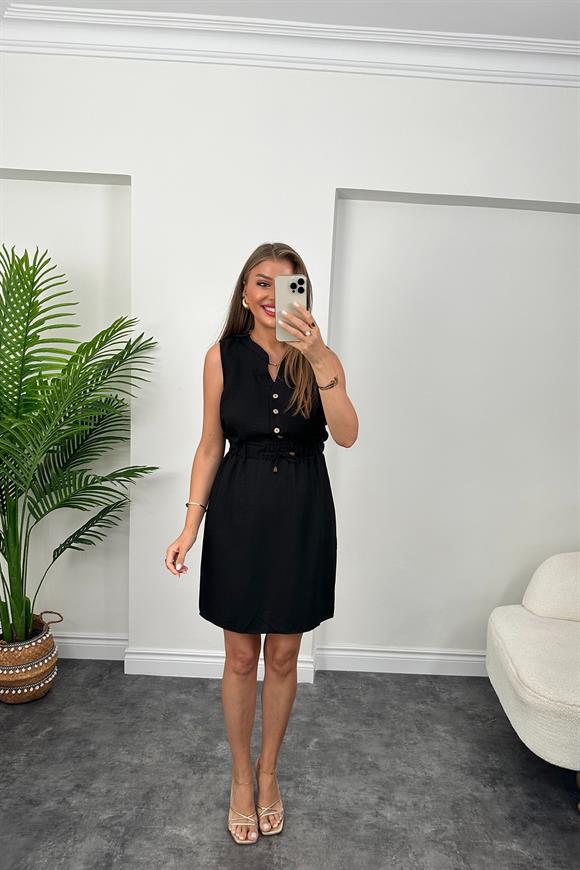 1. Sınıf Kalite Beli Lastikli Sıfır Kol Keten Elbise Siyah