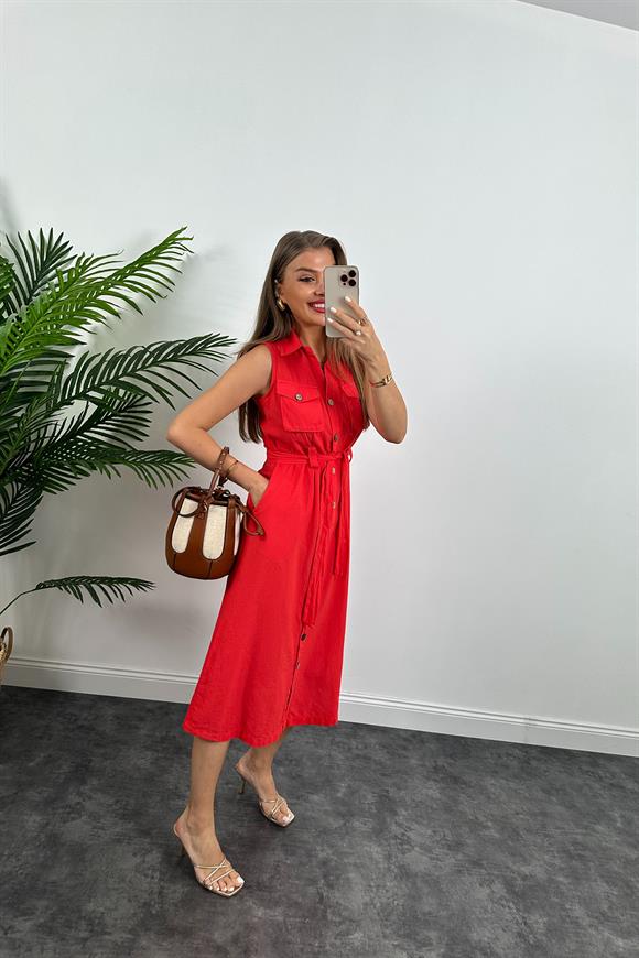 1. Sınıf Kalite Tok Keten Ahşap Düğmeli Midi Boy Elbise Mercan