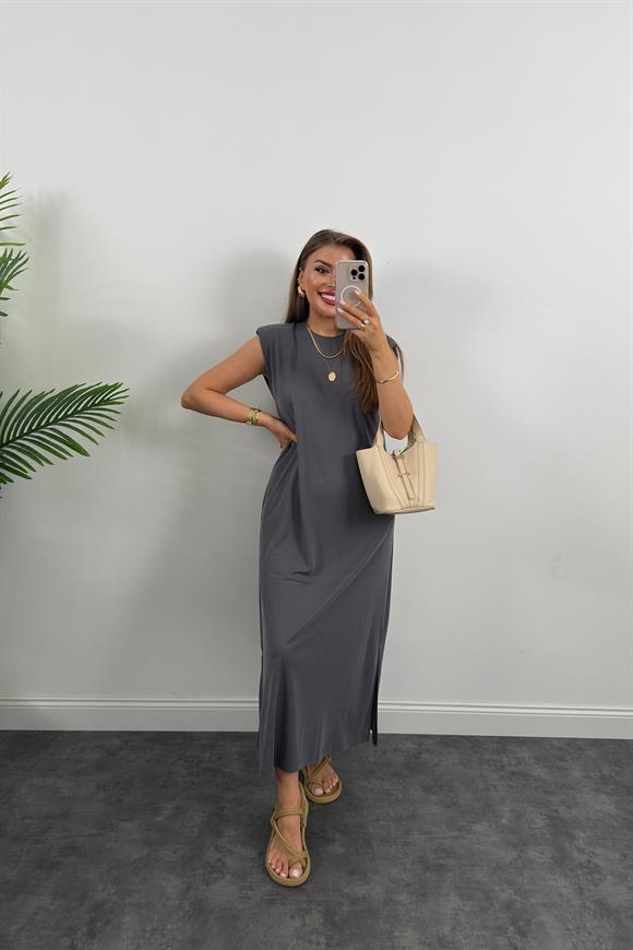 1. Sınıf Kalite Pike Modal Kumaş Vatkalı Yırtmaçlı Maxi Elbise Antrasit