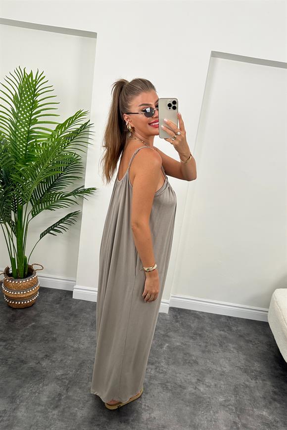 1. Sınıf Kalite İthal Oysh Kumaş Cepli Maxi Elbise Açık Vizon