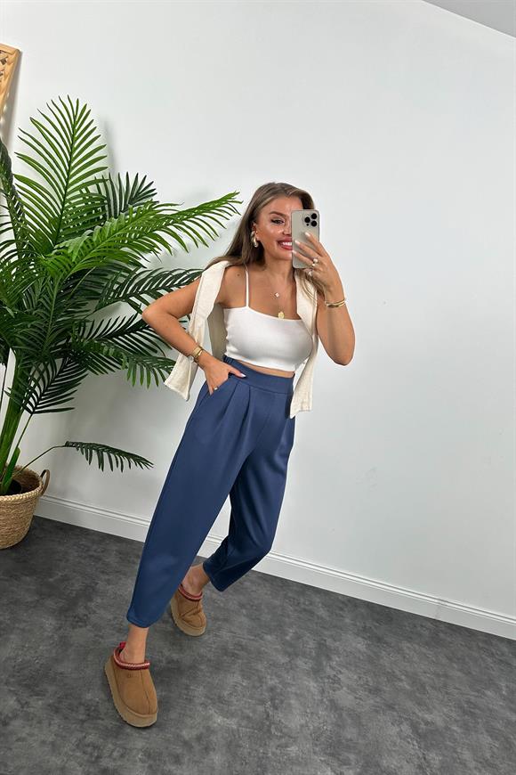 1. Sınıf Kalite Oysh Kumaş Beli Lastikli Harem Pantolon İndigo Mavi 