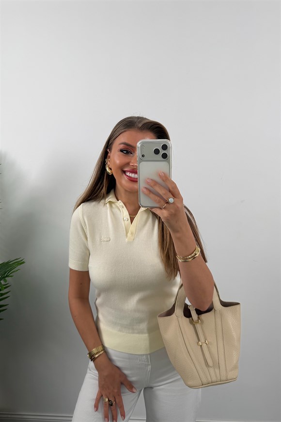 1. Sınıf Kalite Kaşmir Dokulu Polo Yaka Triko Krem