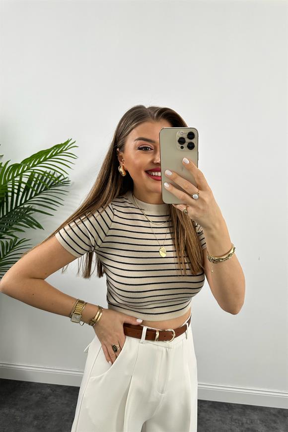 1. Sınıf Kalite  Massi Model Crop Boy Kısa Kol Marin İpek Merserize Krem