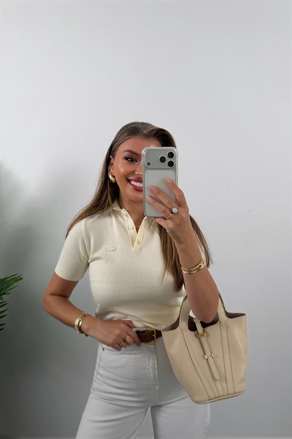 1. Sınıf Kalite Kaşmir Dokulu Polo Yaka Triko Krem