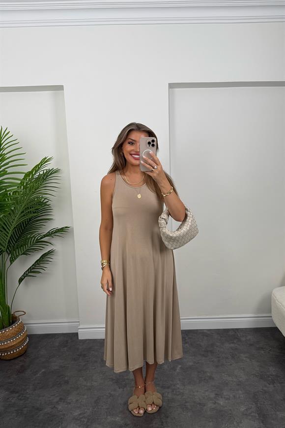 1. Sınıf Kalite İthal Modal Kumaş Midi Elbise Koyu Taş