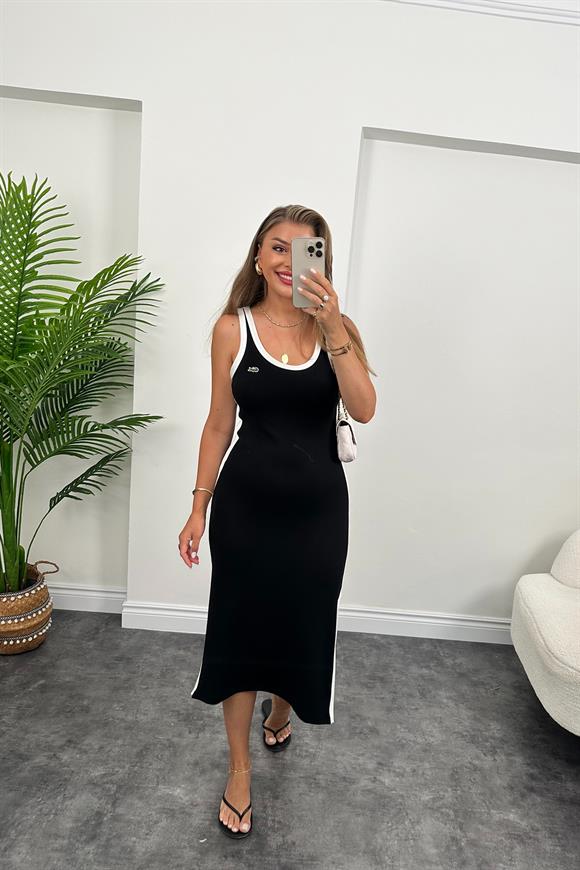 1. Sınıf Kalite Tok Modal Kumaş Şeritli Basic Elbise Siyah