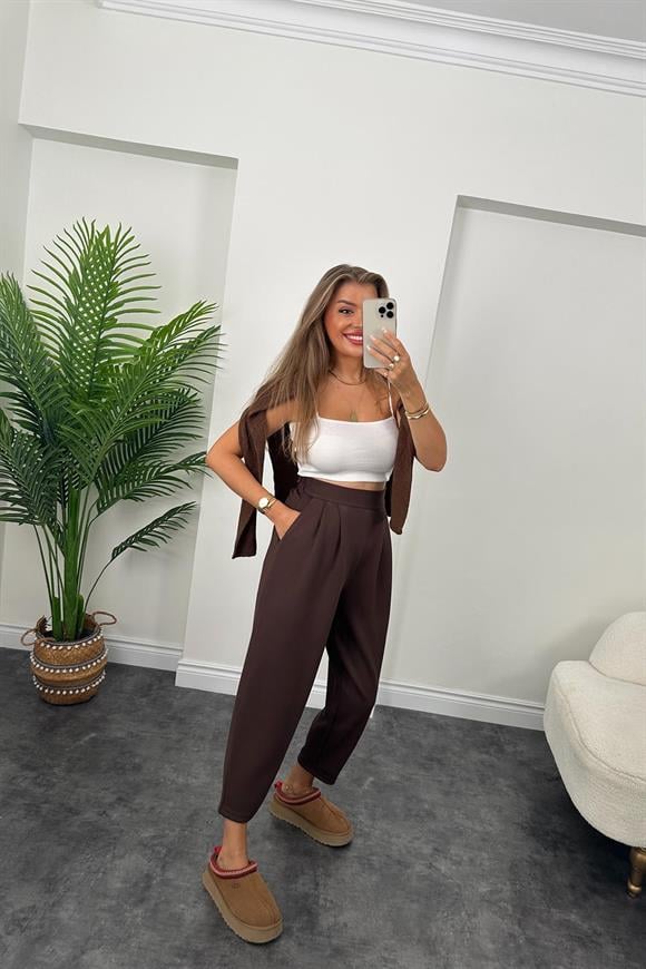 1. Sınıf Kalite Oysh Kumaş Beli Lastikli Harem Pantolon Kahverengi 