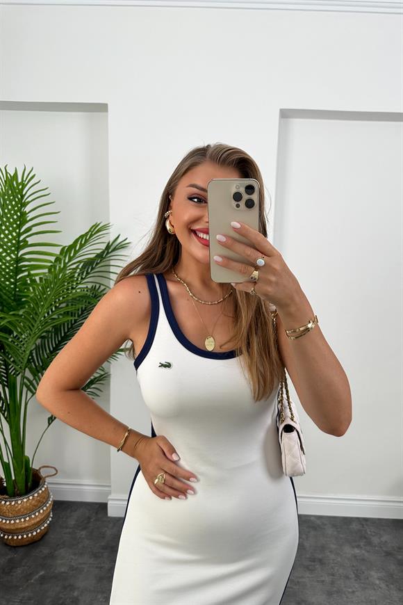 1. Sınıf Kalite Tok Modal Kumaş Şeritli Basic Elbise Beyaz