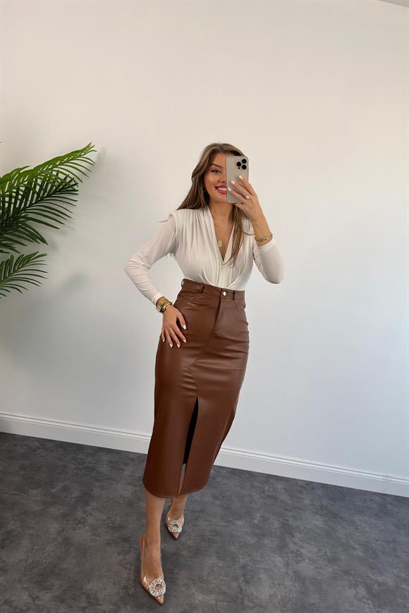 1. Sınıf Kalite Likralı Yumuşak Deri Midi Boy Kalem Etek Kahverengi 