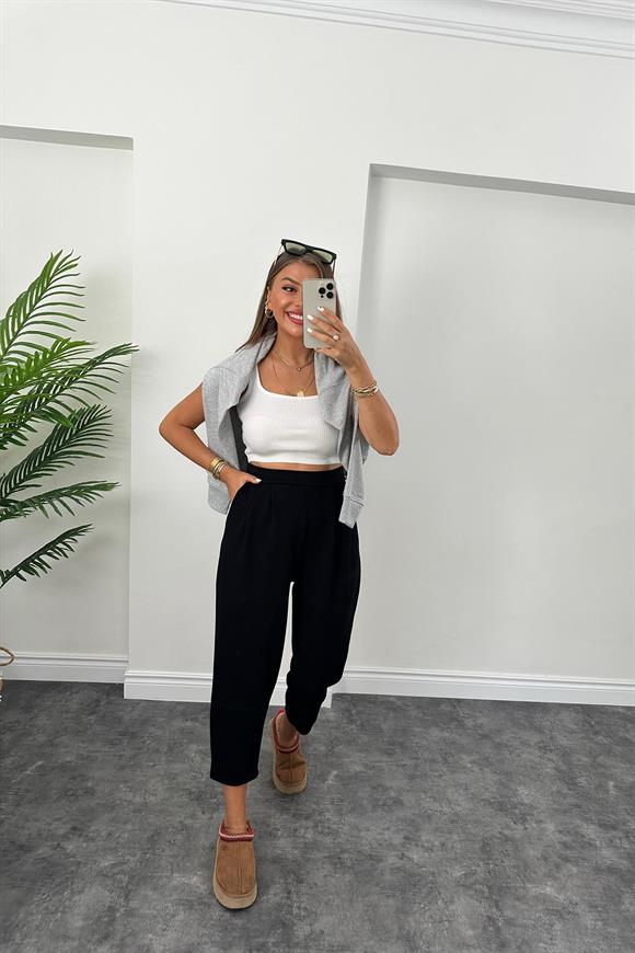 1. Sınıf Kalite Oysh Kumaş Beli Lastikli Harem Pantolon Siyah