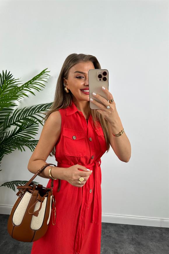 1. Sınıf Kalite Tok Keten Ahşap Düğmeli Midi Boy Elbise Mercan