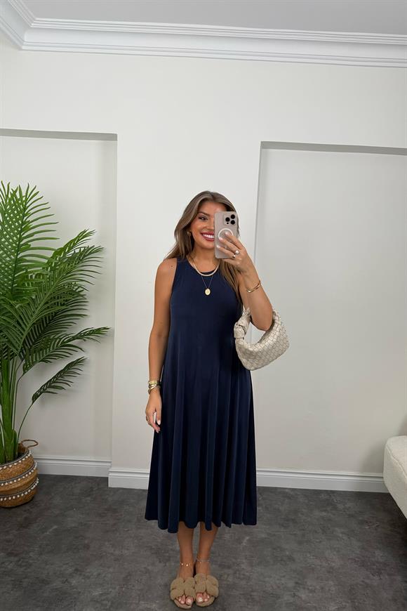 1. Sınıf Kalite İthal Modal Kumaş Midi Elbise Lacivert