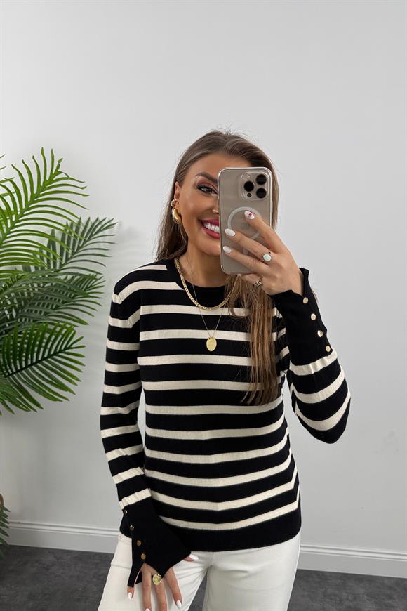 1. Sınıf Kalite Kaşmir Dokulu Kolu Gold Düğmeli İnce Marin Triko Siyah