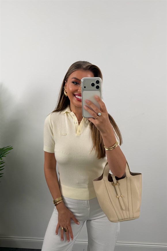 1. Sınıf Kalite Kaşmir Dokulu Polo Yaka Triko Krem