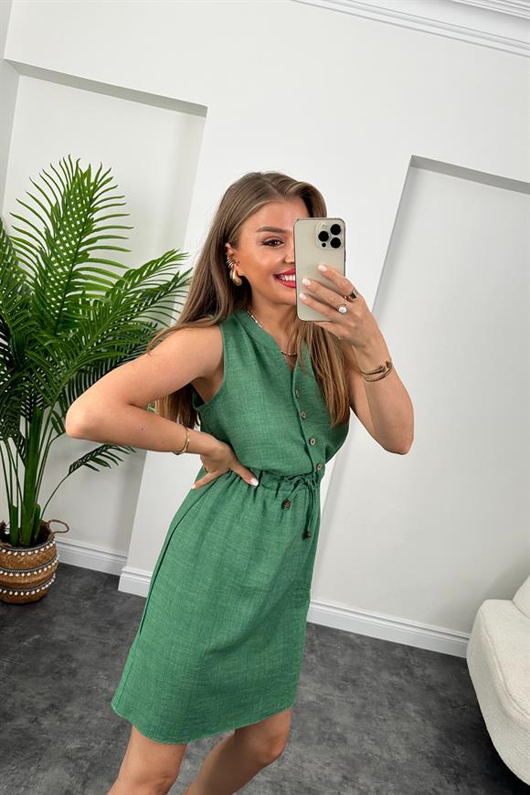 1. Sınıf Kalite Beli Lastikli Sıfır Kol Keten Elbise Yeşil