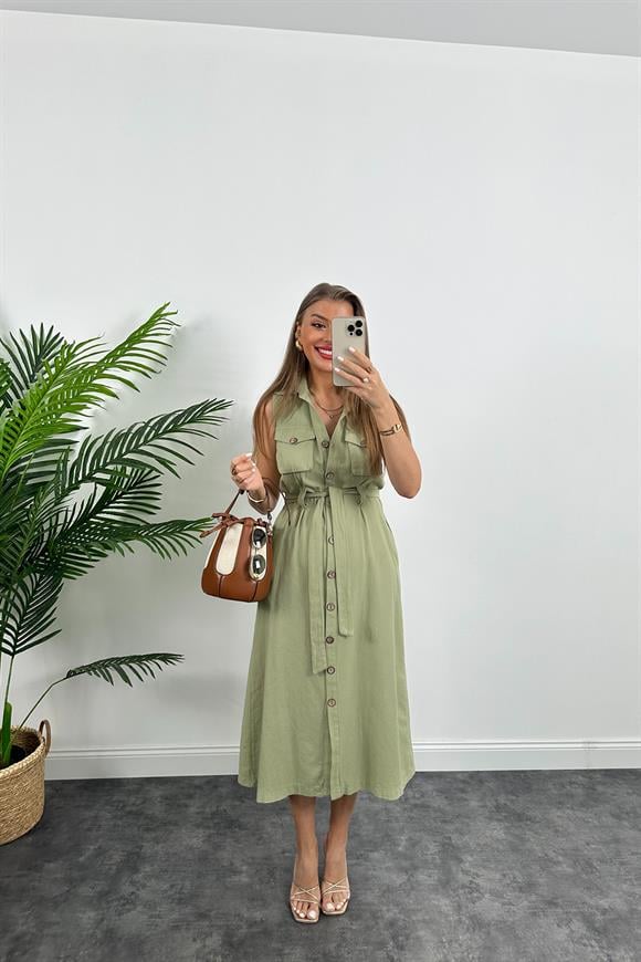 1. Sınıf Kalite Tok Keten Ahşap Düğmeli Midi Boy Elbise Haki