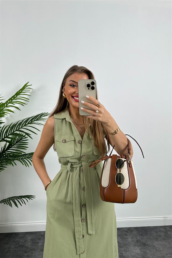 1. Sınıf Kalite Tok Keten Ahşap Düğmeli Midi Boy Elbise Haki