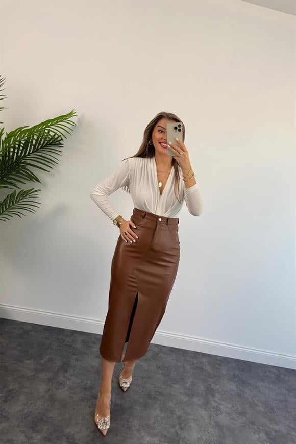 1. Sınıf Kalite Likralı Yumuşak Deri Midi Boy Kalem Etek Kahverengi 